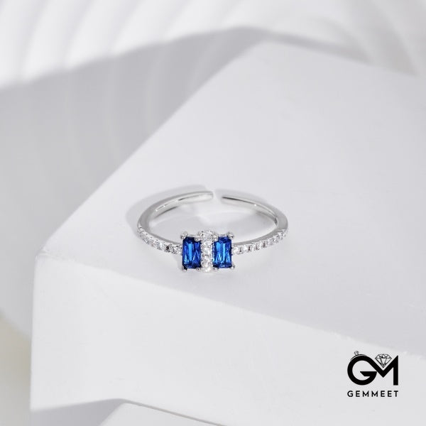 S925 Sterling Silver Exquisite Rectangular Blue Zircon Ring