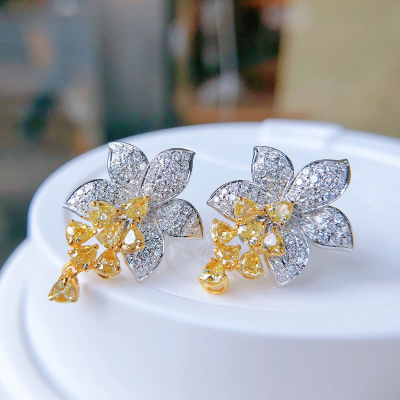 Luxury Micro Pave Asscher Yellow Diamond Flower Stud Earrings