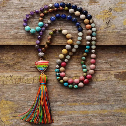 Gorgeous Natural Stones Chakra Triangle Pendant Mala Necklace