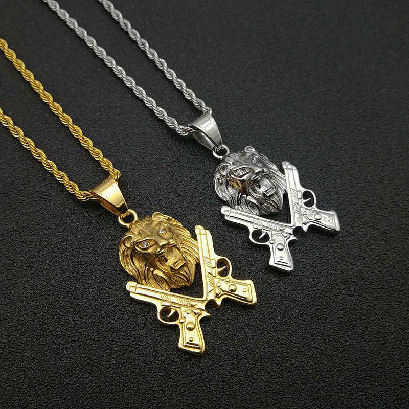 Hip Hop Jewelry Gold Plated Zircon Pistol Lion Head Pendant