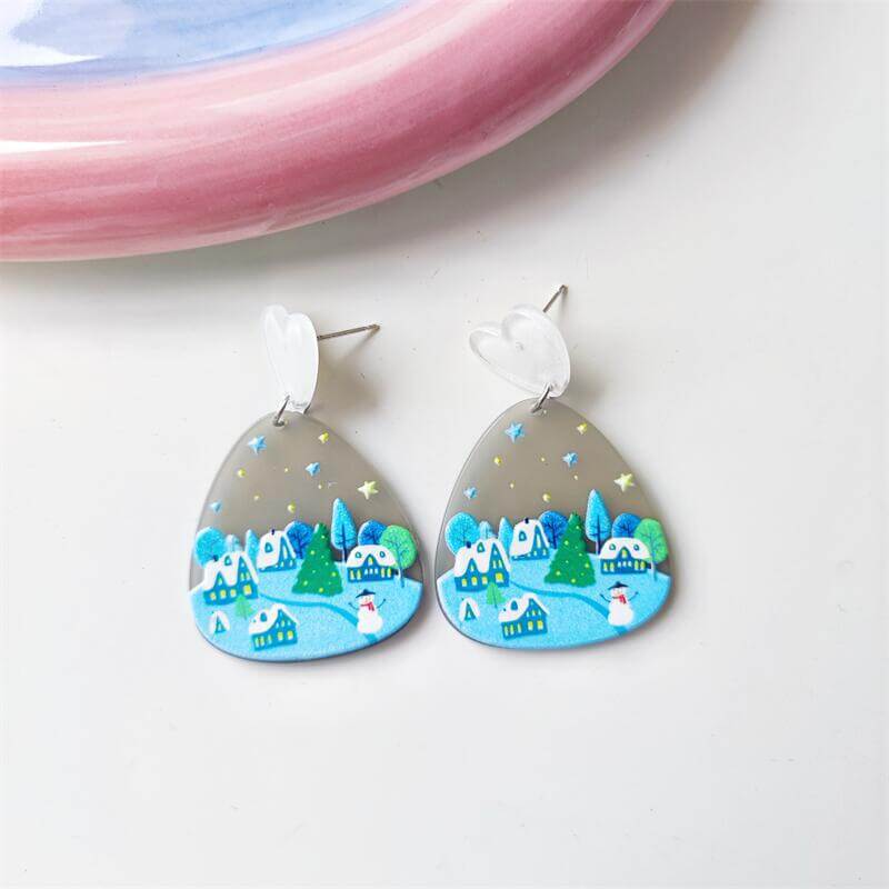 Christmas Vintage Embossed Print Holiday Acrylic Earrings Elk Snowman Christmas Tree