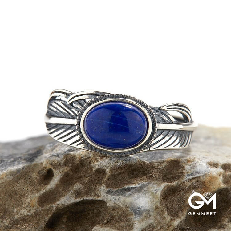 Stone Engraved Feather Open Adjustable Ring