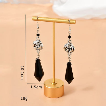 Obsidian Crystal Rose Drop Earrings