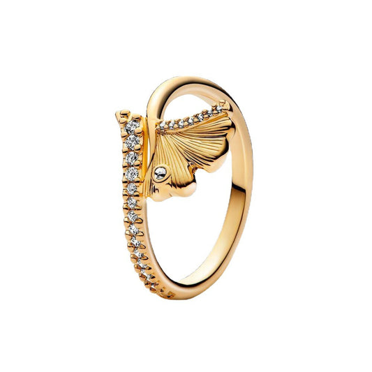 Ginkgo Biloba Dance Electroplated Copper Gold Plated Zircon Ring