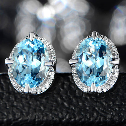 Temperament Sea Blue Imitation Crystal Gemstone Earrings Four-claw Low-luxury Diamond Earrings