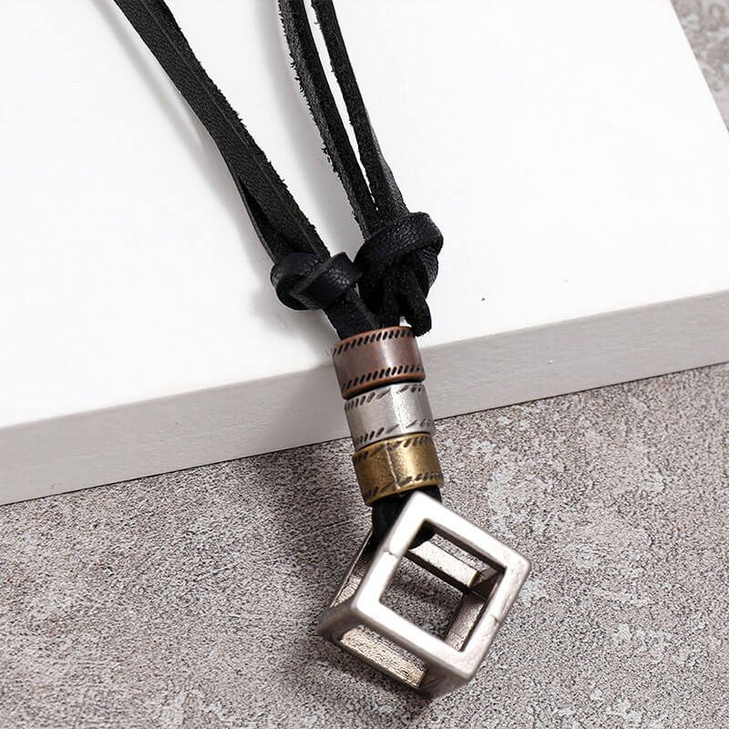 Vintage Hollow Square Frame Leather Adjustable Necklace