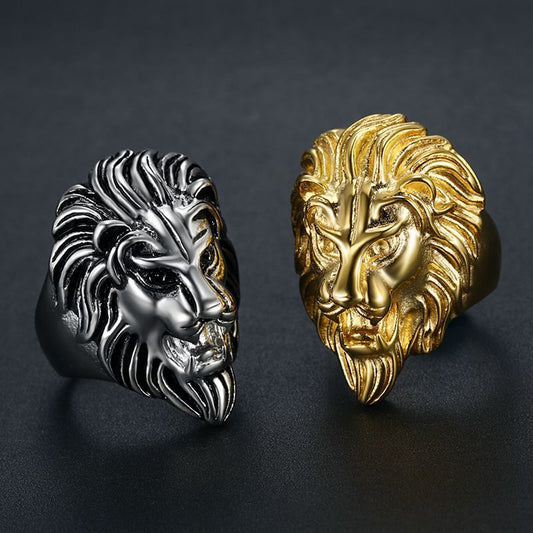 HIPHOP Titanium Steel Gold-plated Two-tone Lion Head Men's Ring