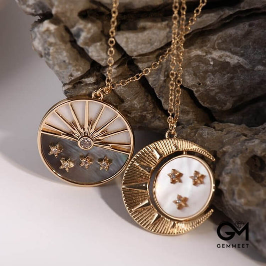 Nacre White Zircon Moon Star Gold Plated Copper Necklace