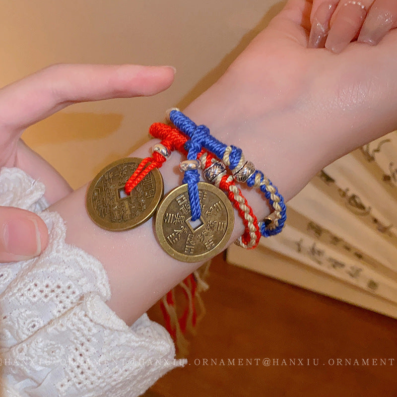 Braided Rope Fringe Bracelet with Copper Coins