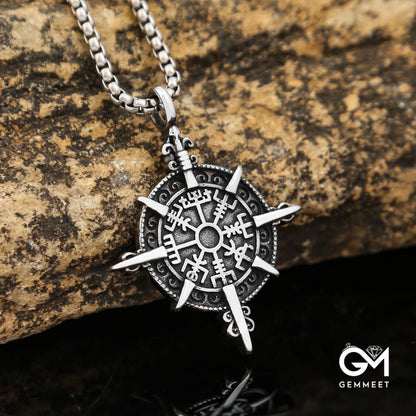 Vintage Stainless Steel Compass Rune Necklace