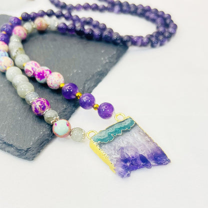 Rainbow Fluorite Labradorite Amethyst Emperor Mala Beaded Necklace