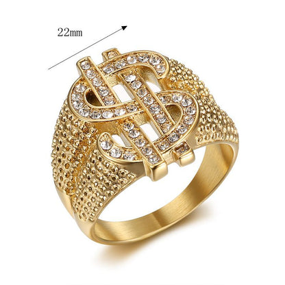 HIPHOP Vacuum Plating Inlaid Zircon Dollar Sign Men's Ring