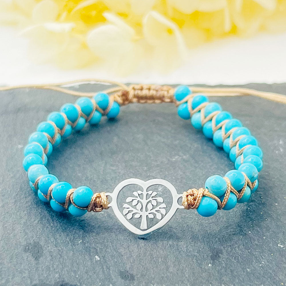 Turquoise Peach Heart Tree Of Life Palms Hand-Woven Bracelet