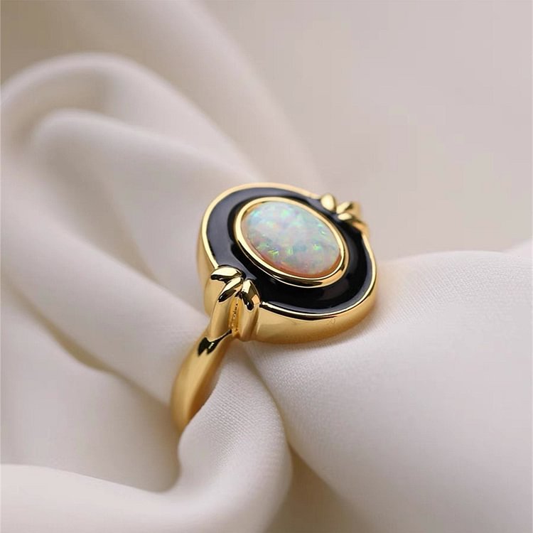 Dainty Opal Black Epoxy Vintage Ring