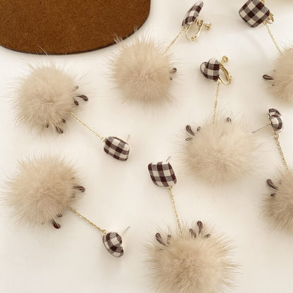 Christmas Elk Fur Ball Brown Girl Sweet Earrings Without Pierced Ear Clips