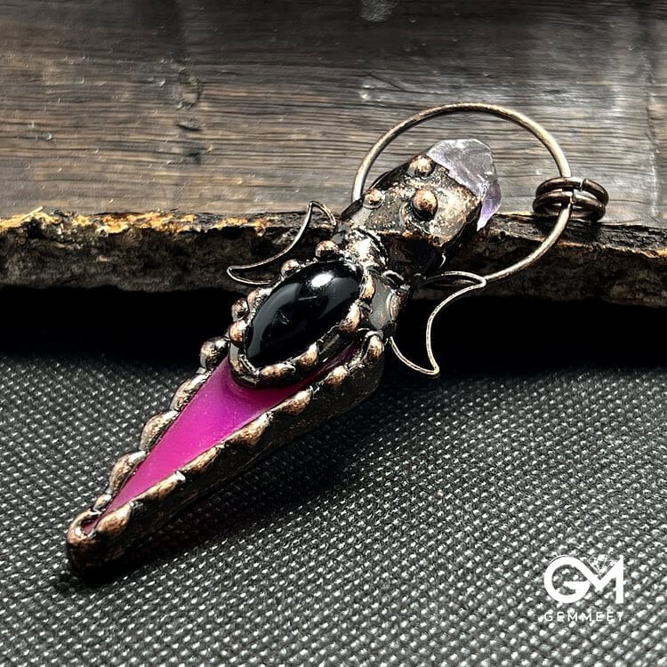 Copper Arrow Double Moon Crystal Pendant Gemstone Necklace