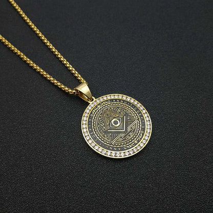 Titanium Steel Gold Plated Micropaved Zirconia Masonic Illuminati Pendant