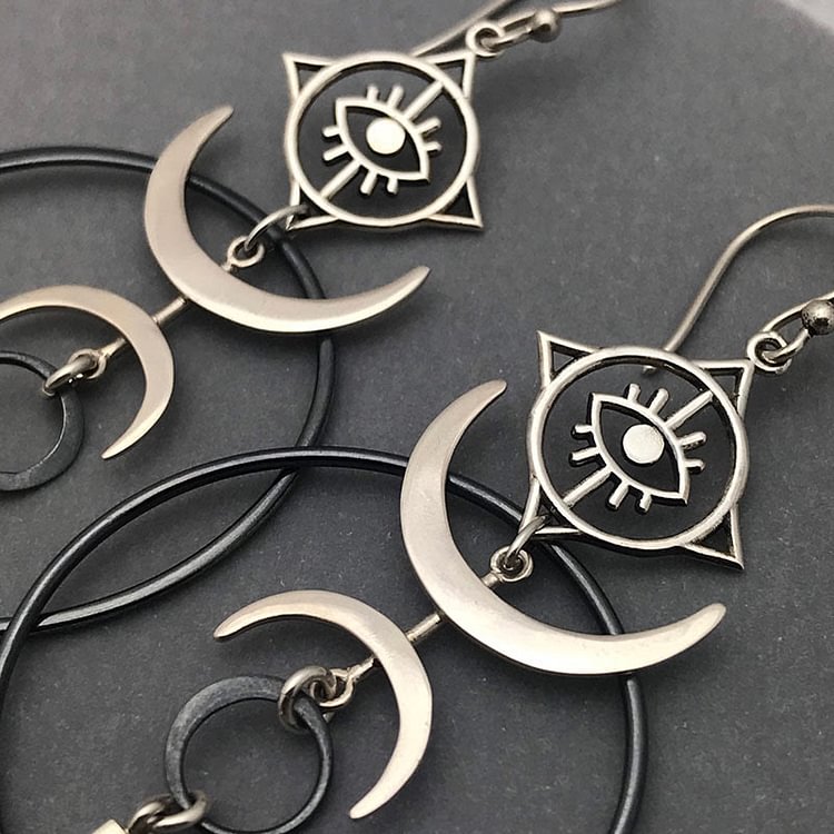 Geometric Round Crescent Evil Eye Witch Long Earrings