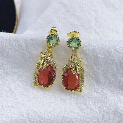 Red Diamond Leopard Earrings Vintage Imitation Ruby Stud Earrings Long Drop Earrings