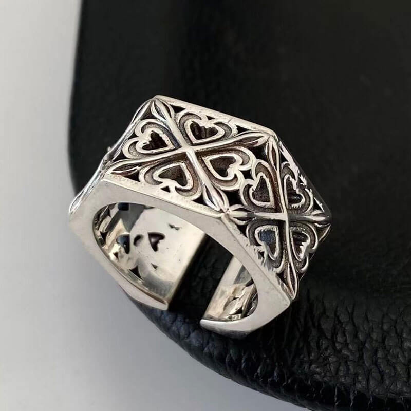 Retro Prismatic Love Hollow Pattern Couple Niche Wide Square Ring