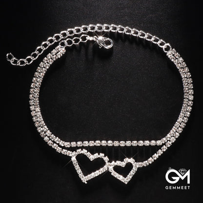 Bohemian Shiny Multi-layer Double Heart Zircon Anklet