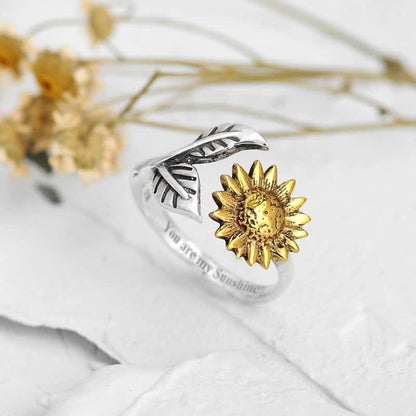 Bohemia Gold Sunflower Silver Leaves Adjustable Ring