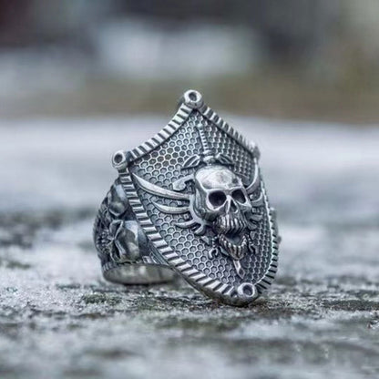 Vintage Sword With Shield Skull Ring