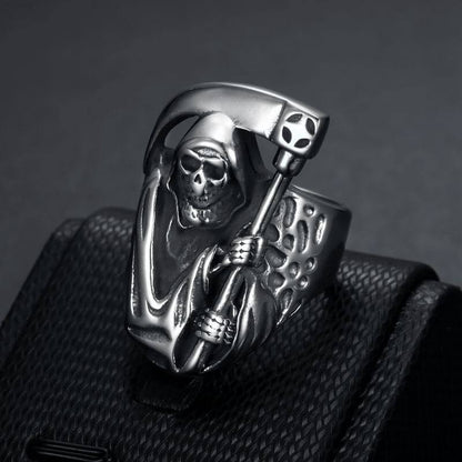 Halloween Punk Vintage Ring Polished Skull Reaper's Scythe Men's Ring