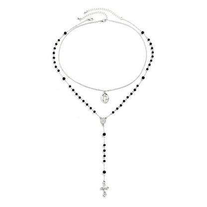 Obsidian Beaded Holy Medal Cross Pendant Rosary Necklace