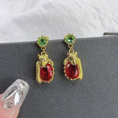 Red Diamond Leopard Earrings Vintage Imitation Ruby Stud Earrings Long Drop Earrings