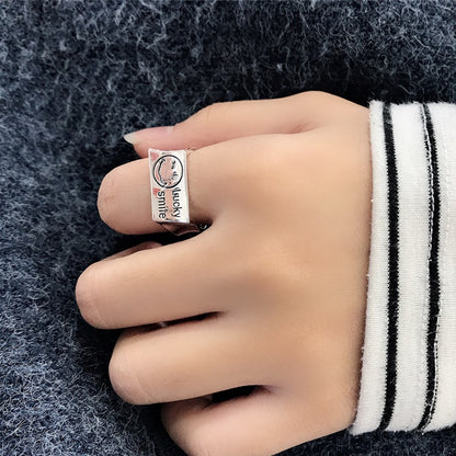 S925 Silver Retro Smiley Open Face Ring