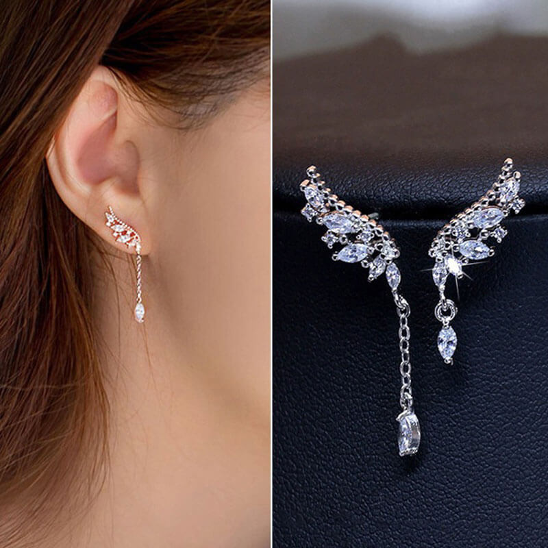 Angel Wings Diamond Asymmetrical Tassel Stud Earrings Women's Long Earrings