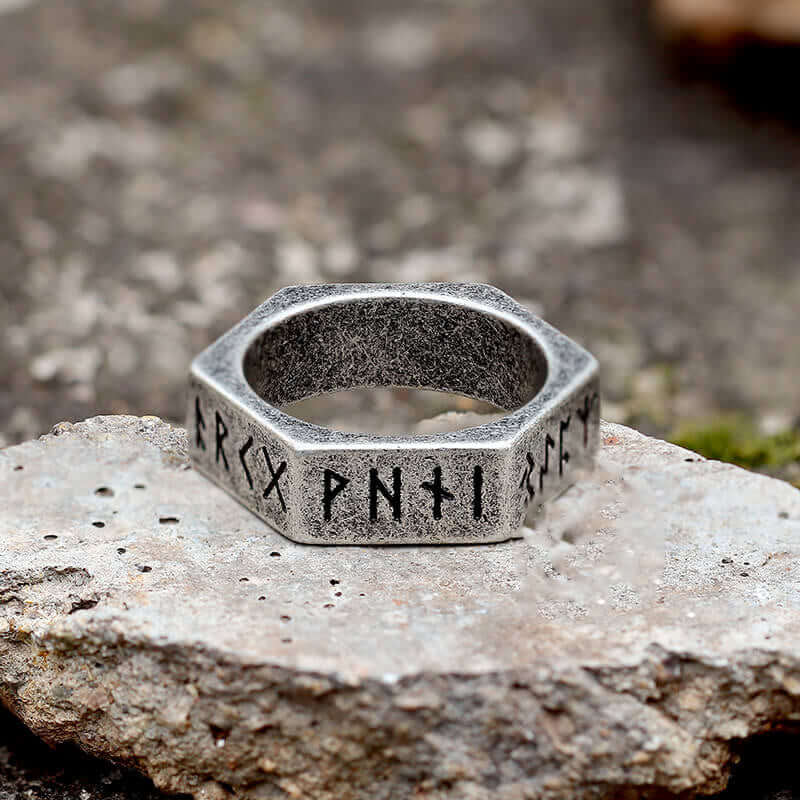 Hexagon Viking Runes Stainless Steel Ring