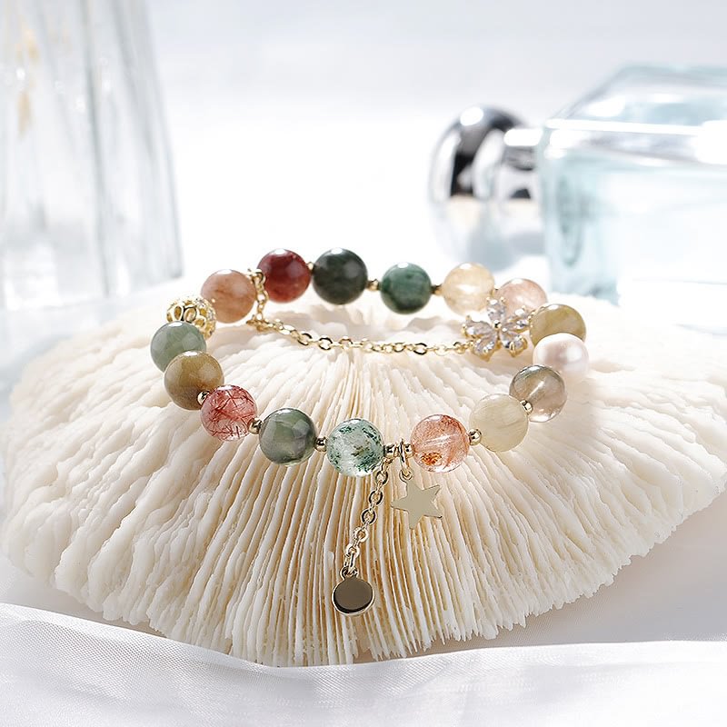 Gold Rutilated Quartz Tourmaline Star Moon Beaded Bracelet