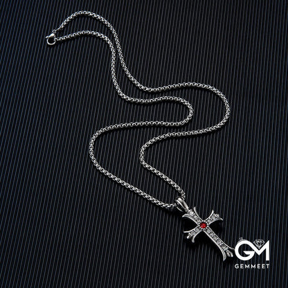 Stainless Steel Cross Pendant Red Zircon Necklace