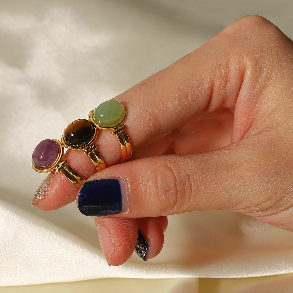 Gold Oval Colored Stone Open Ring