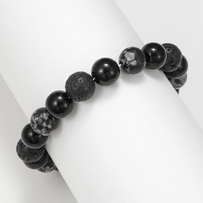 Black Onyx Snowflake Obsidian Lava Stone Beaded Men's Bracelet