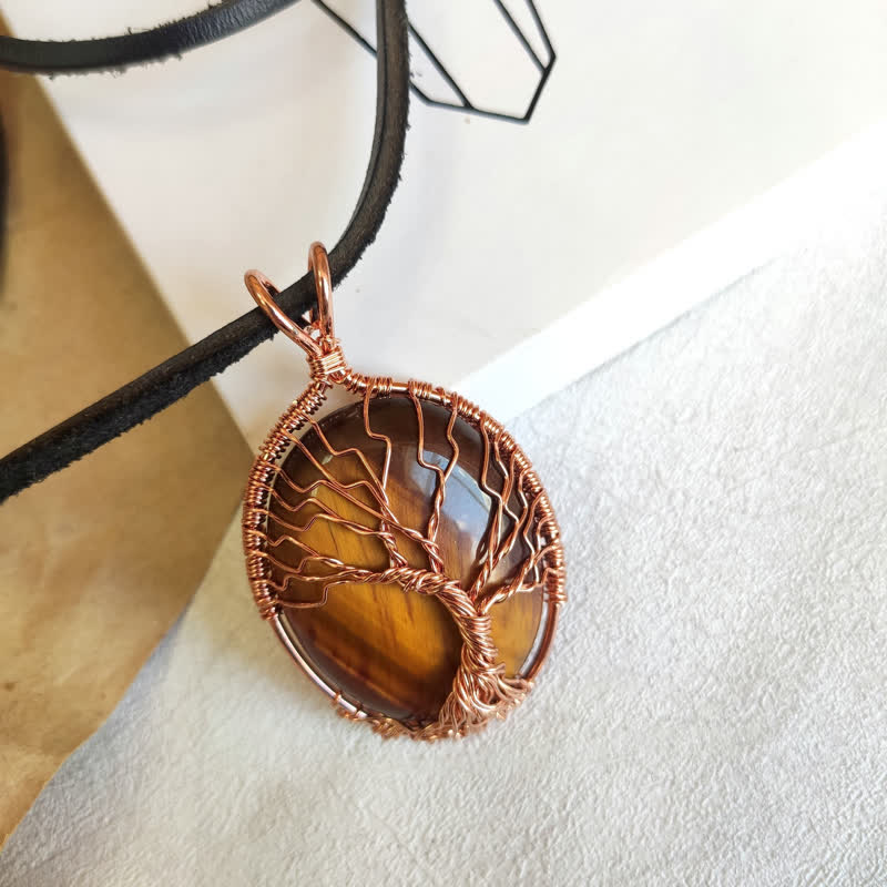 Oval Tiger Eye Tree Of Life Gemstone Necklace