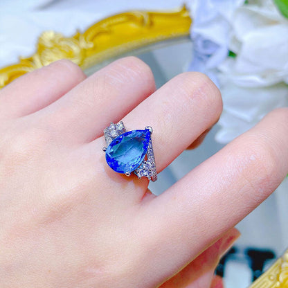 New Light Luxury Style Argyll Pink Diamond Fashion Ring Aquamarine Water Drop Pear-shaped Color Gem Ring