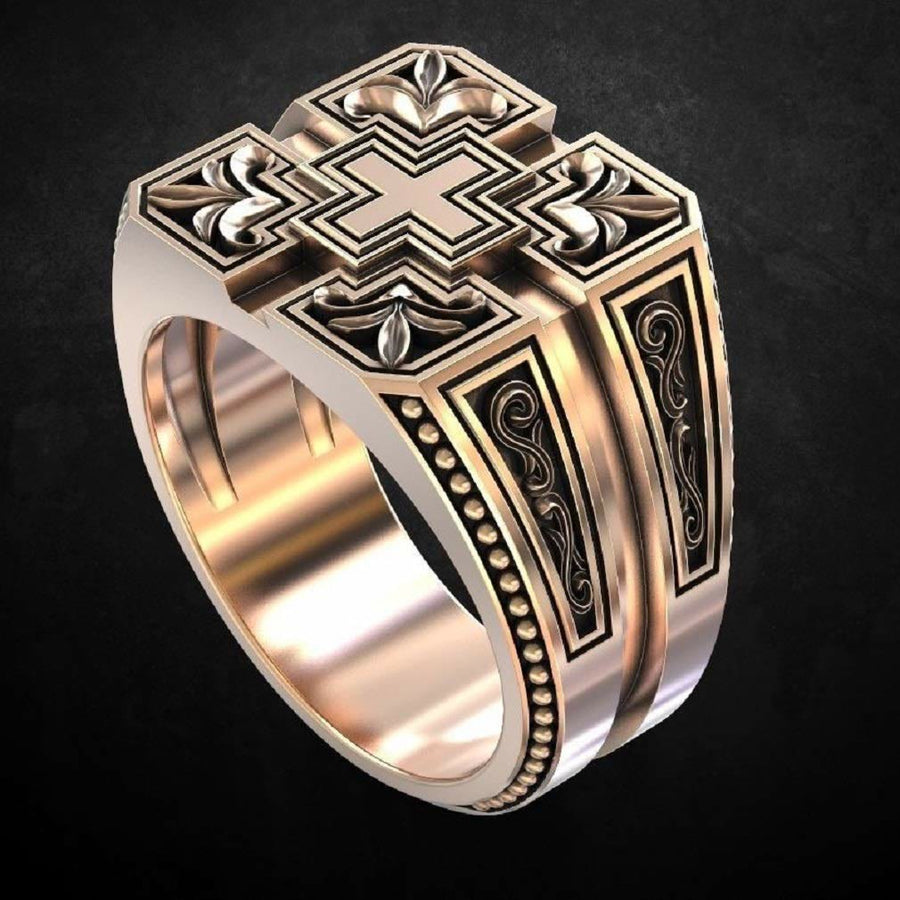 Vintage Carved Cross Totem Men Ring