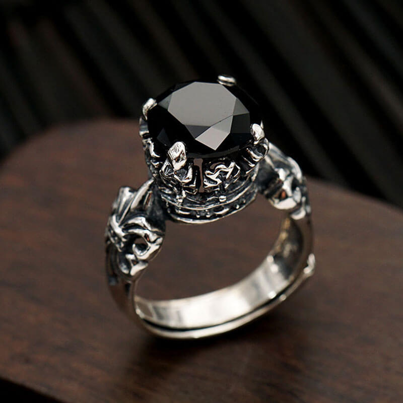 Retro Flower Prong Setting Obsidian Couple Ring