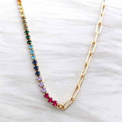 Colored Zircon Chain Spliced Metal Necklace