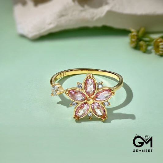 S925 Sterling Silver Pink Flower Zircon Open Ring