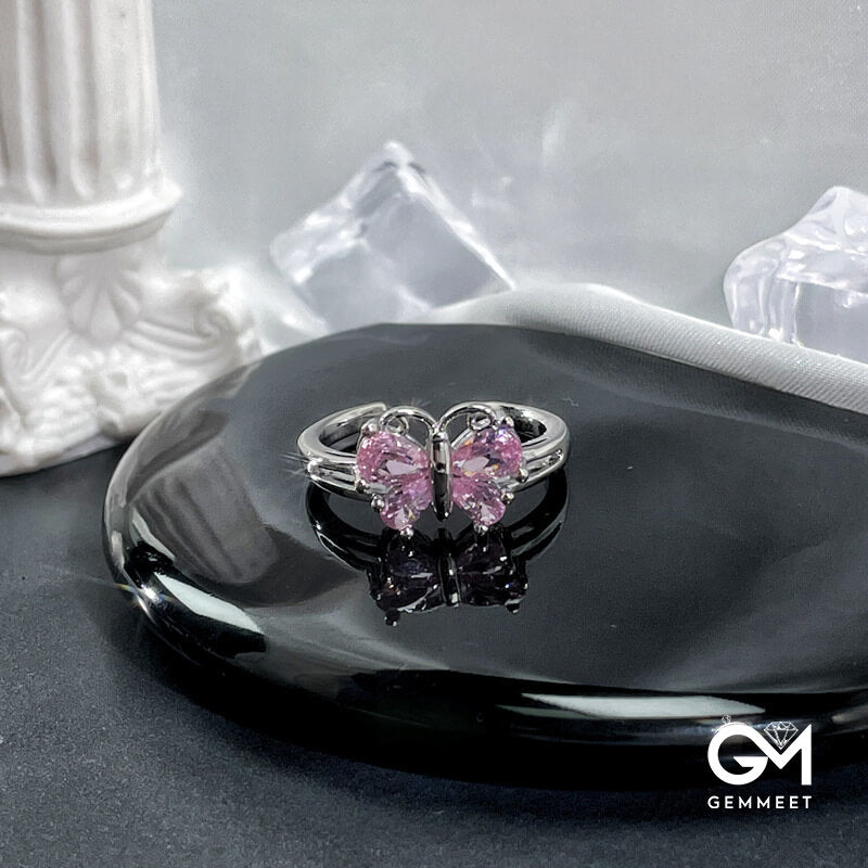 Heart Butterfly Pink Zircon Open Ring