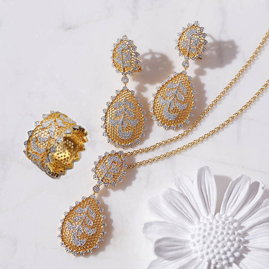 Textured Carved Gold Craft Iris Flower Set Palace Honeycomb Lace Earrings Necklace Ring