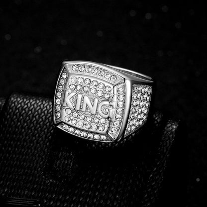 New Hip-hop HIPHOP Ring Titanium Steel Vacuum Gold-plated Synthetic Cubic Zirconia KING King Men's Ring