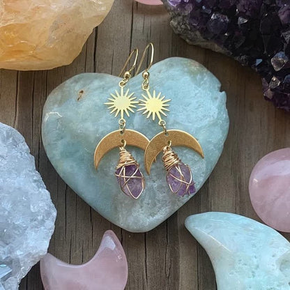 Rising Sun Moon Amethyst Witch Earrings