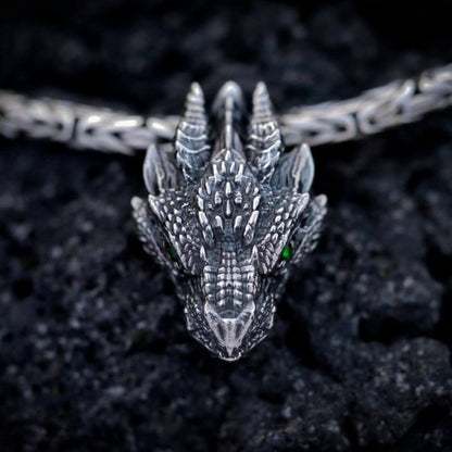 Viking Green Eye Dragon Skull Necklace