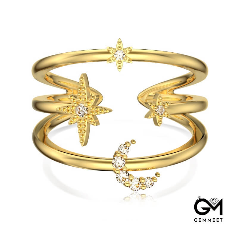 S925 Silver Zircon Moon Star Multi-layer Ring