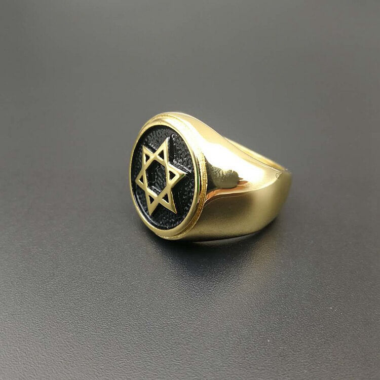 Gold Plated Titanium Steel Hexagram of David Ring for Men